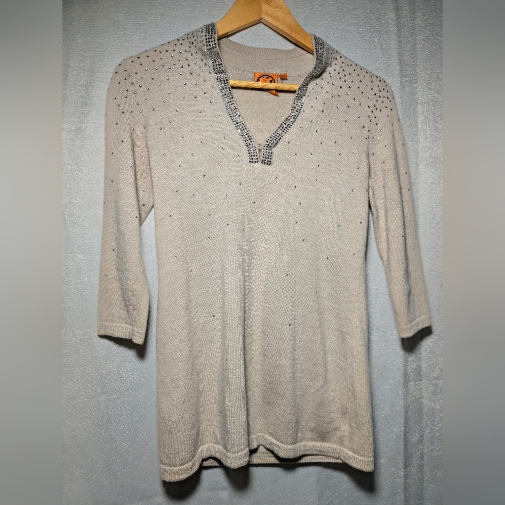 Tory Burch Beige Rhinestone Studded V-Neck Tunic Sweater Size M